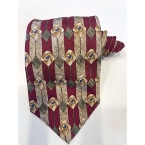 Roundtree & Yorke Red Maroon Gold Floral Rose Patterned Silk Mens Tie
